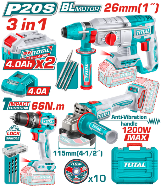 TOTAL P20S 20V Brushless Kit 3 en 1 SDS Plus 26mm Perceuse TCKLI202598 - TOTAL TOOLS TUNISIA Site officiel | Station d'outils