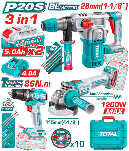 TOTAL P20S Brushless 20V 3 Outils Sans Fil Avec Batteries 5.0Ah TOSLI251195 - TOTAL TOOLS TUNISIA Site officiel | Station d'outils