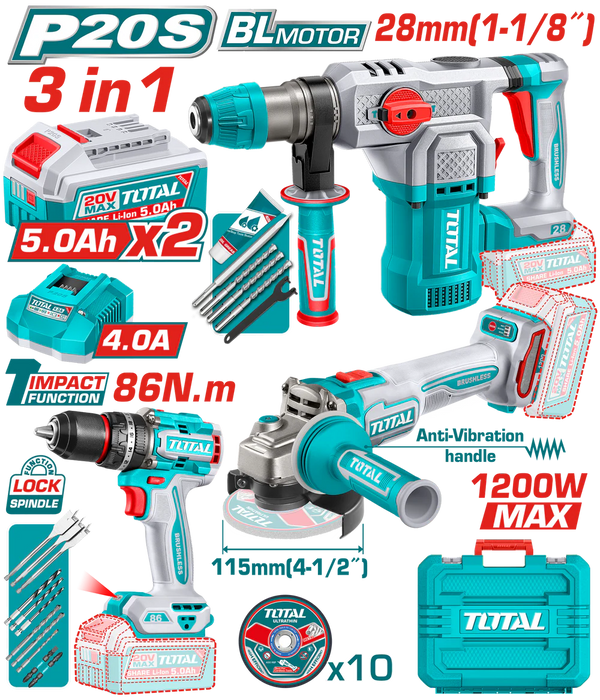 TOTAL P20S Brushless 20V 3 Outils Sans Fil Avec Batteries 5.0Ah TOSLI251195 - TOTAL TOOLS TUNISIA Site officiel | Station d'outils