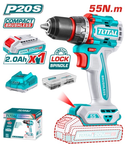 TOTAL P20S Perceuse Visseuse Sans Fil 20V Brushless Compacte 55 Nm TDLI205582 - TOTAL TOOLS TUNISIA Site officiel | Station d'outils