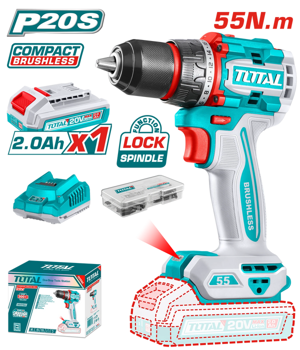 TOTAL P20S Perceuse Visseuse Sans Fil 20V Brushless Compacte 55 Nm TDLI205582 - TOTAL TOOLS TUNISIA Site officiel | Station d'outils