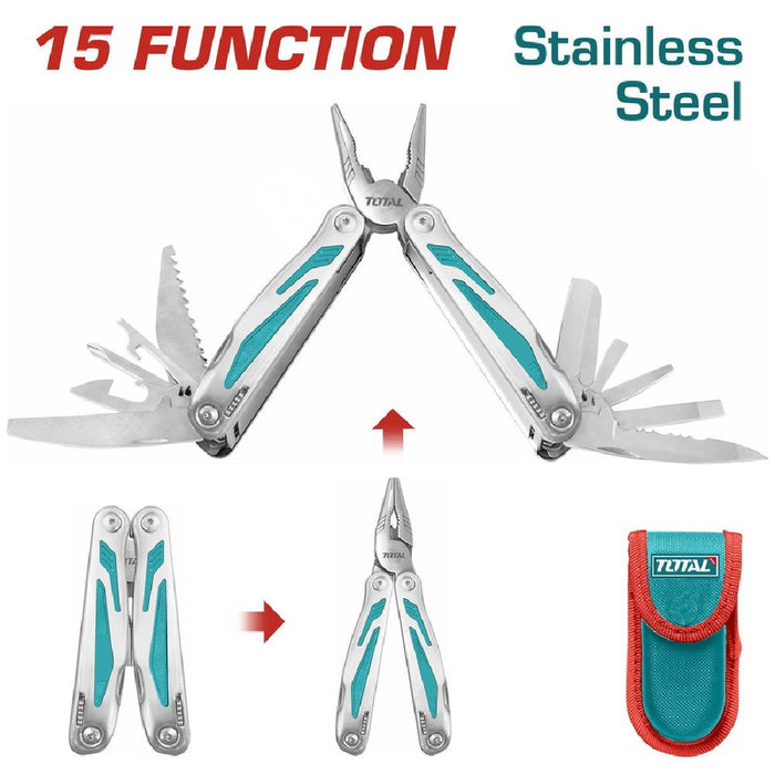 TOTAL Pince Multifonction Pliable 15 Fonctions Acier Inoxydable Étui TFMFT01151 - TOTAL TOOLS TUNISIA Site officiel | Station d'outils