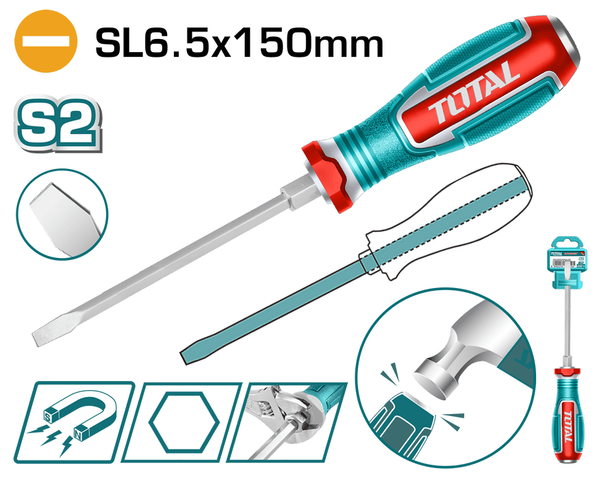 TOTAL Tournevis Plat 6,5 x 150 mm Lame S2 Magnétique Précision TGTSL6150 - TOTAL TOOLS TUNISIA Site officiel | Station d'outils