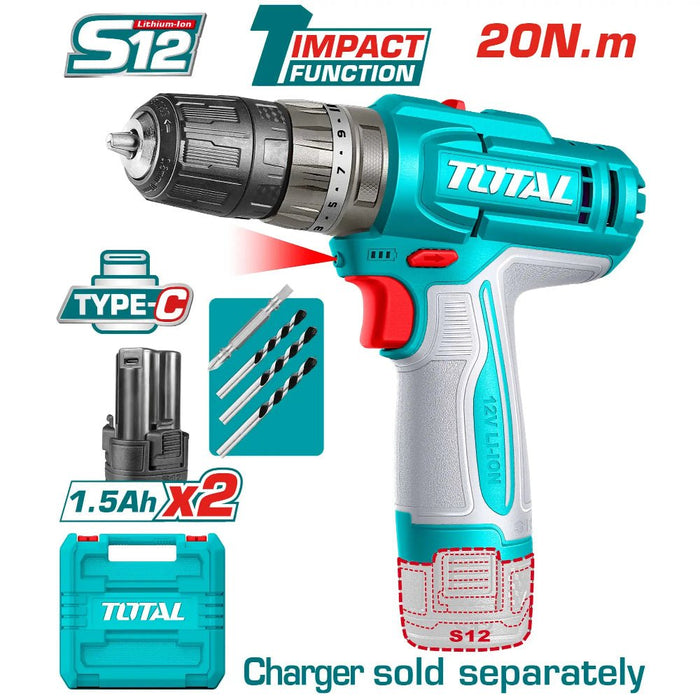 TOTAL Visseuse Perc 12V 3 En 1 1,5Ah Deux Batteries Avec 3 Mèches TIDLI12206 - TOTAL TOOLS TUNISIA Site officiel | Station d'outils